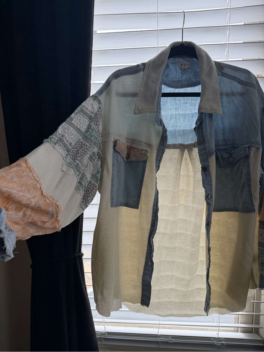 POL Patchwork Lightweight Shirt Jacket - Blue, Cream & Tan - Picture 2 of 4